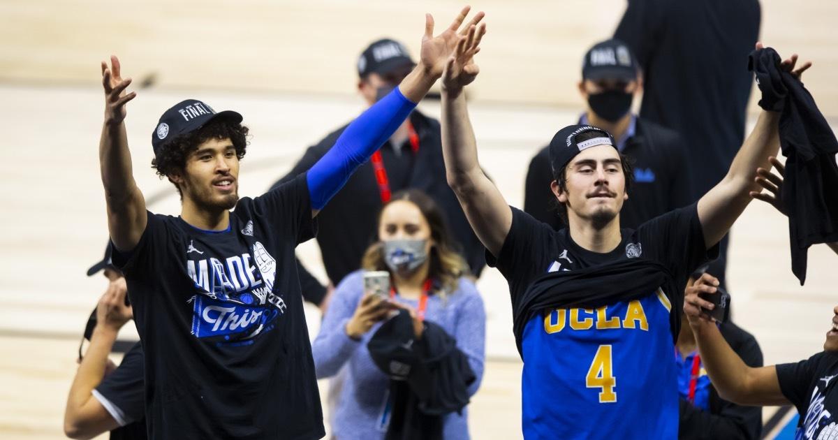 Johnny Juzang and Jaime Jaquez celebrate after UCLA advanced to the Final Four.